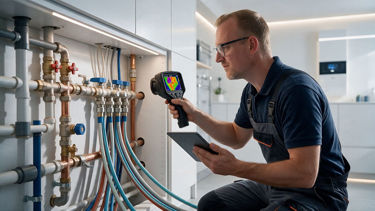 Hydraulik wykonujący nowoczesną diagnostykę instalacji wodnej za pomocą kamery termowizyjnej, w jasnym pomieszczeniu technicznym.